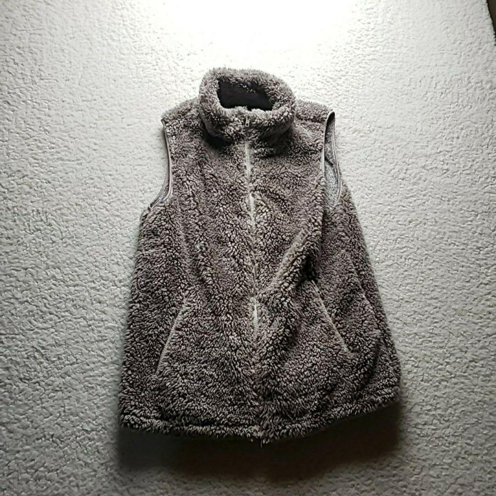 MEROKEETY Vest Womens Small Gray Sherpa‎ Fleece Full Zip Pockets Collared Warm